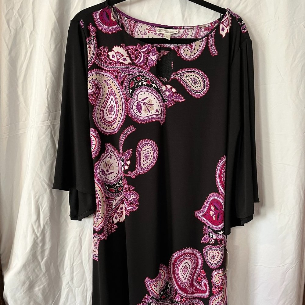 NWT Dana Buchman flutter sleeve dress, purple black, sz XL